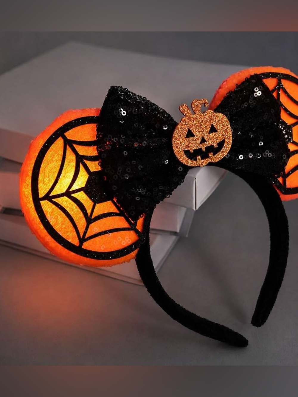 Disney Light Up Ears Halloween Pumpkin Bow Headband - Black and Orange